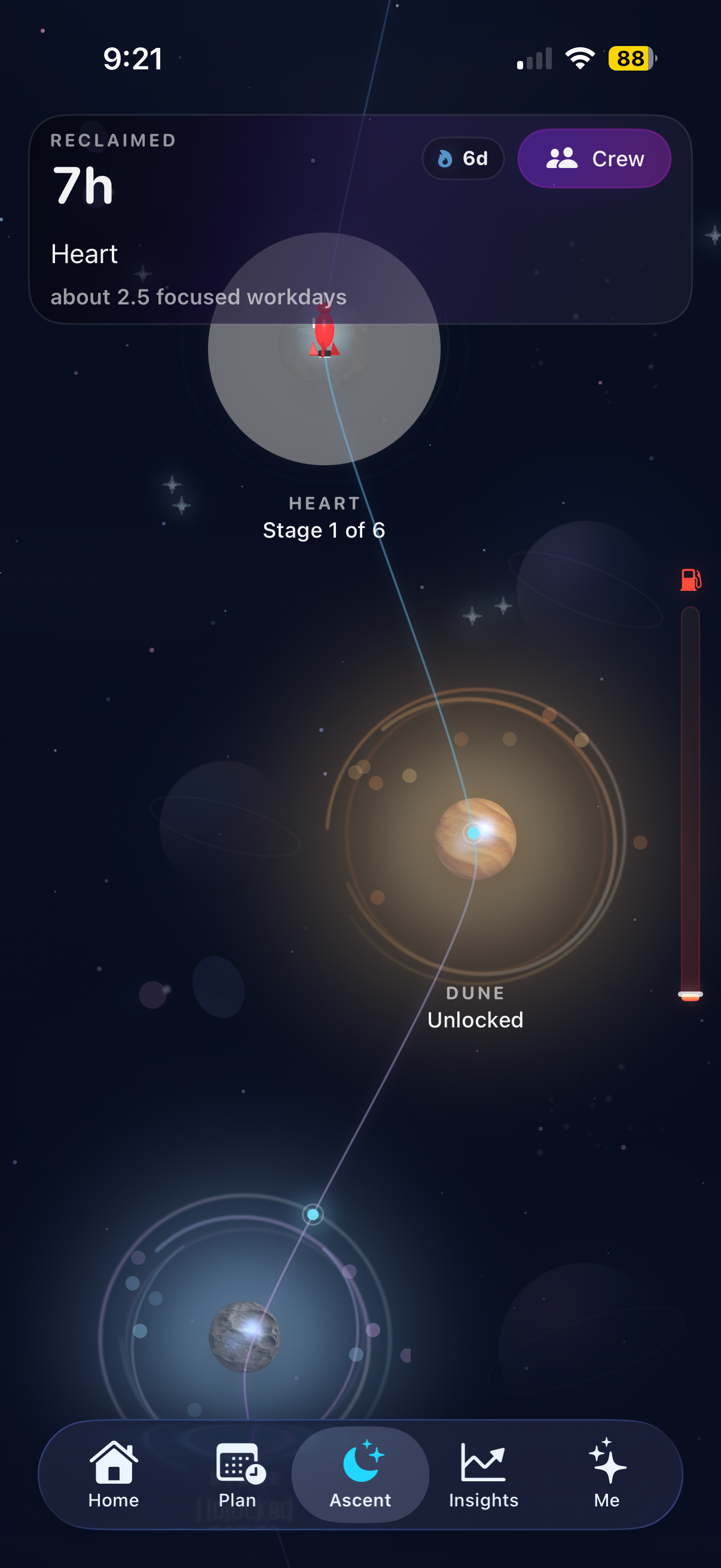 Noctra Ascent journey screen showing rocket progression through space