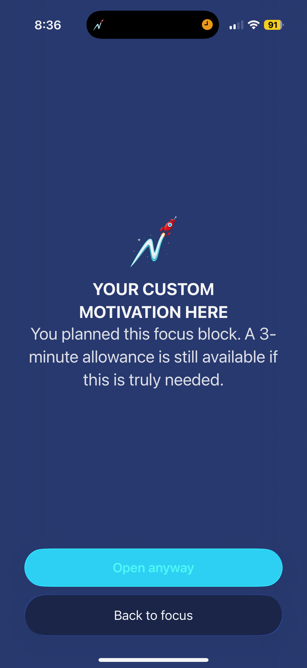 Noctra Guardian Standard block screen with the three-minute allowance option