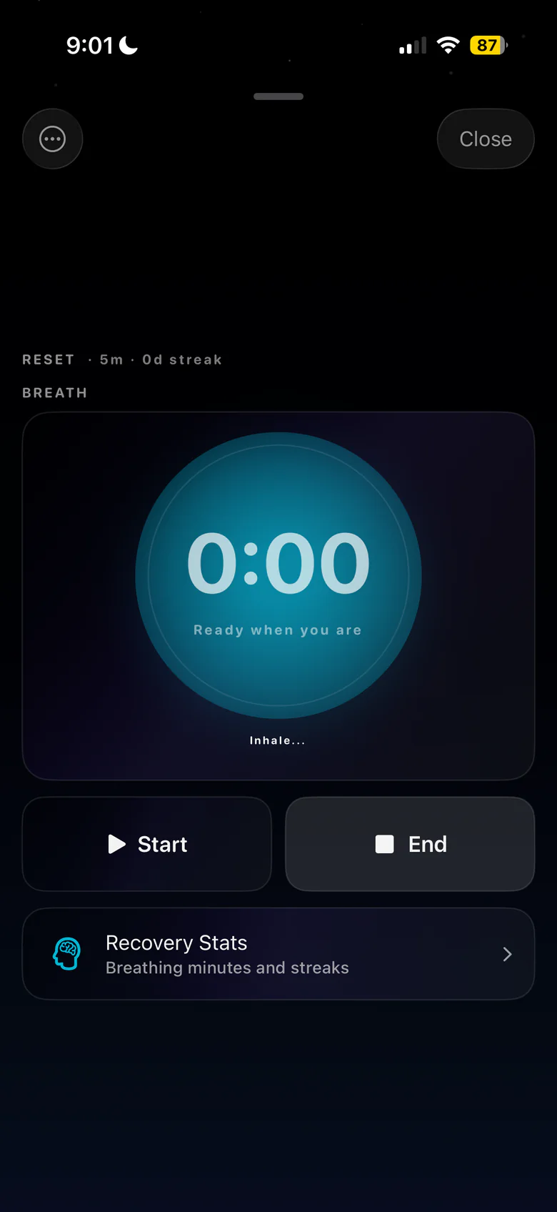 Noctra Support breathing reset screen with guided breathing controls